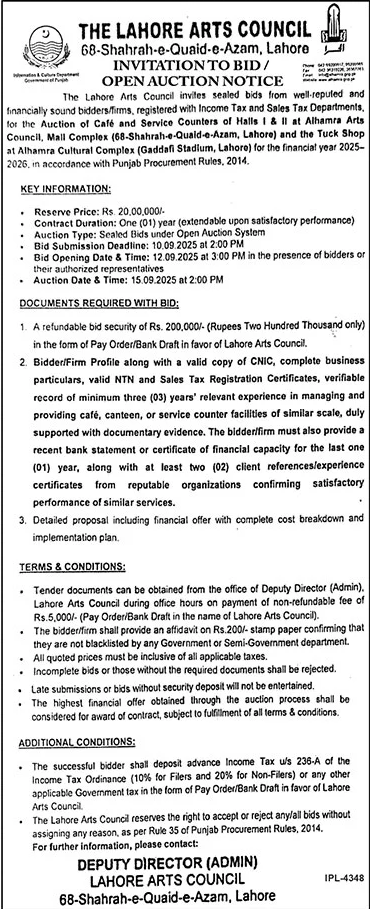 The Lahore Arts Council Lahore Tender Notice
